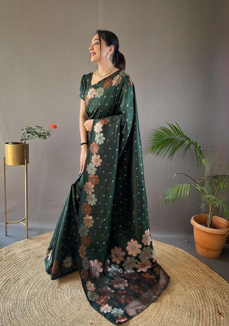 Green Silk Blend Saree Set with Zari Work for Diwali | Wedding & Festive Wear - Indya