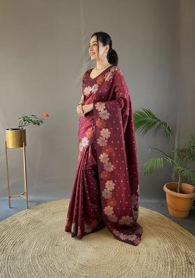 Maroon Zari Work Silk Blend Saree Set