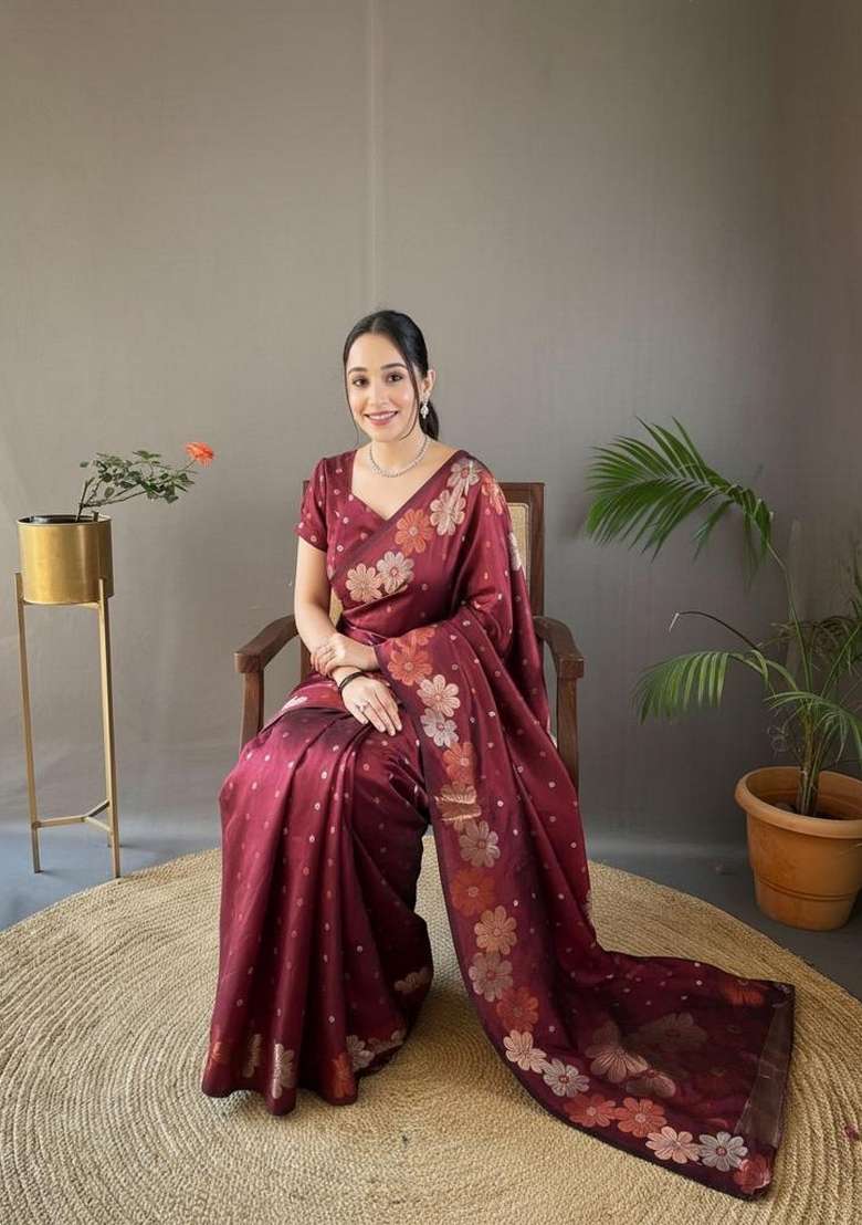 Maroon Silk Blend Saree Set with Zari Work for Diwali | Wedding & Festive Wear - Indya
