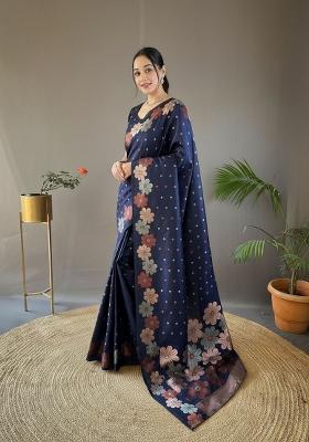 Navy Blue Zari Work Silk Blend Saree Set