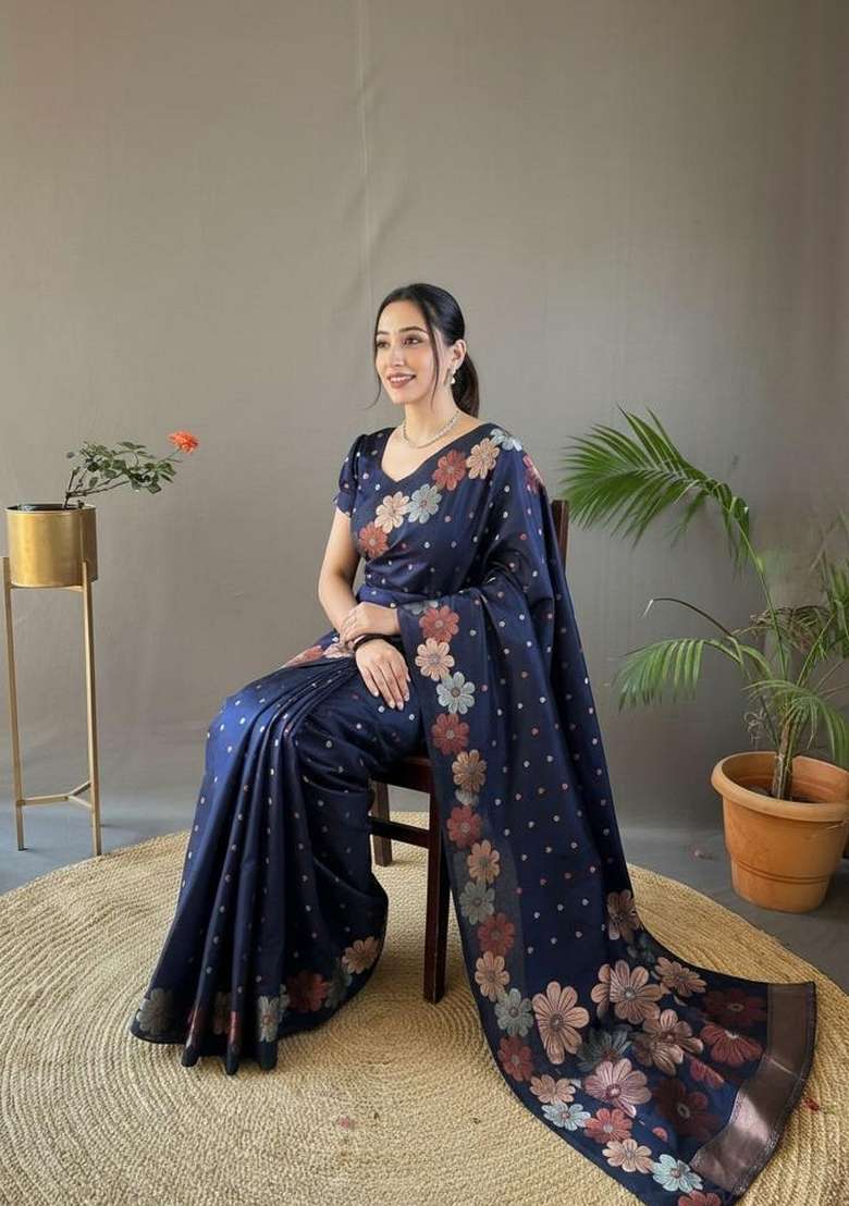 Navy Blue Zari Work Silk Blend Saree Set for Diwali and Festive Wear - Indya