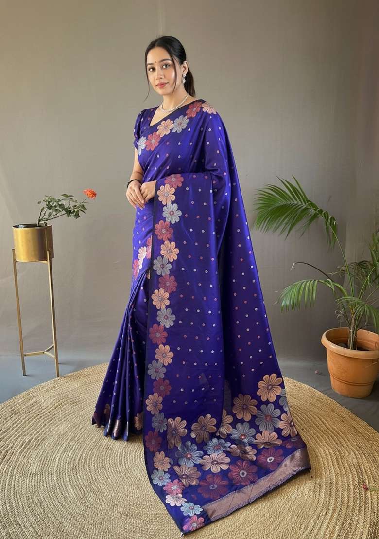Purple Silk Blend Saree Set with Zari Work for Diwali | Wedding & Festive Wear - Indya