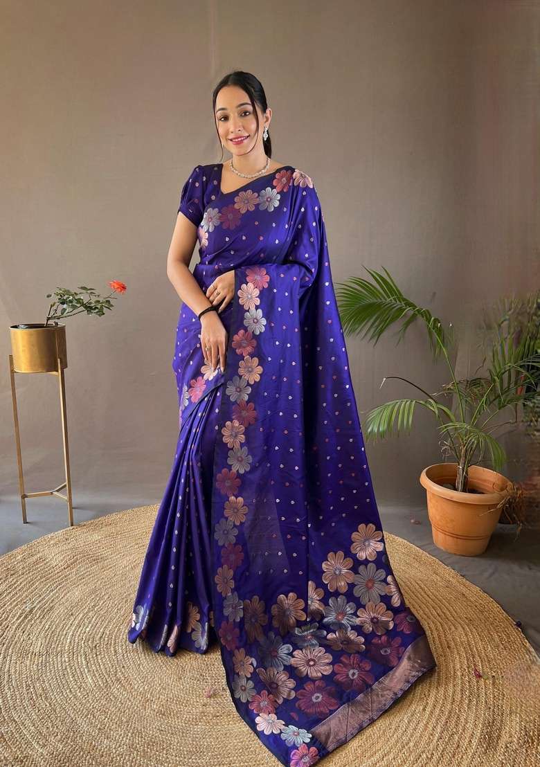 Purple Silk Blend Saree Set with Zari Work for Diwali | Wedding & Festive Wear - Indya
