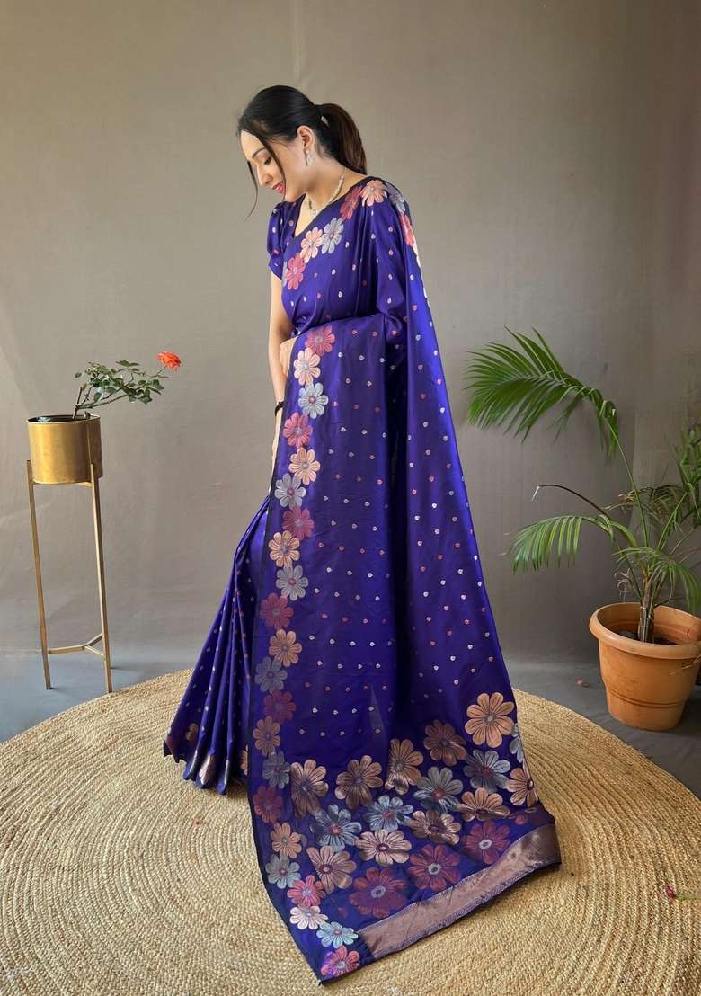 Purple Silk Blend Saree Set with Zari Work for Diwali | Wedding & Festive Wear - Indya