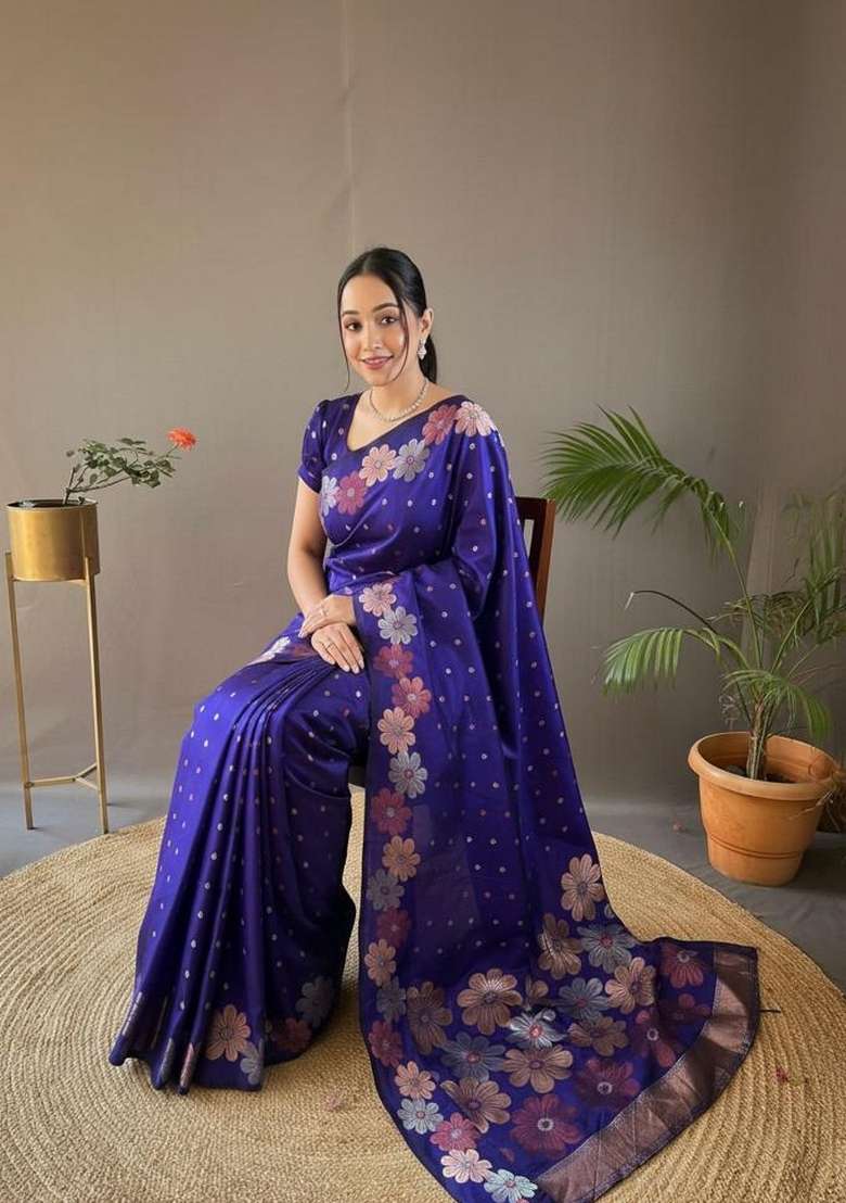 Purple Silk Blend Saree Set with Zari Work for Diwali | Wedding & Festive Wear - Indya