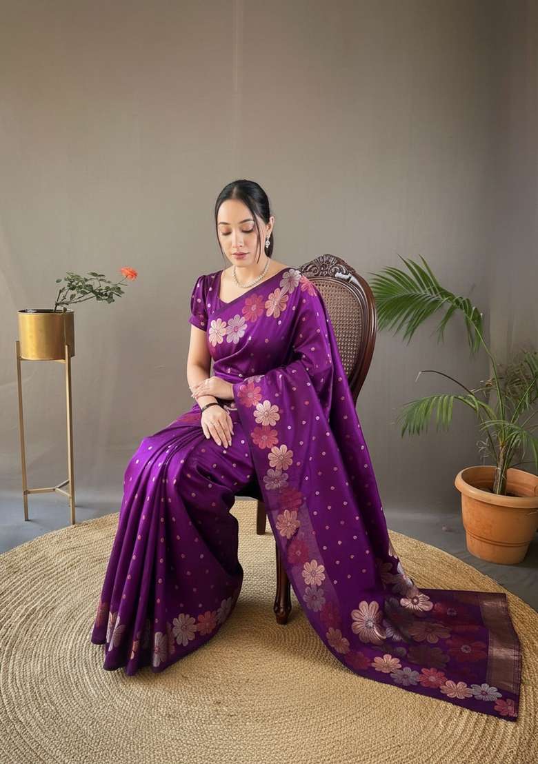 Wine Zari Work Silk Blend Saree Set for Diwali and Festive Wear - Indya