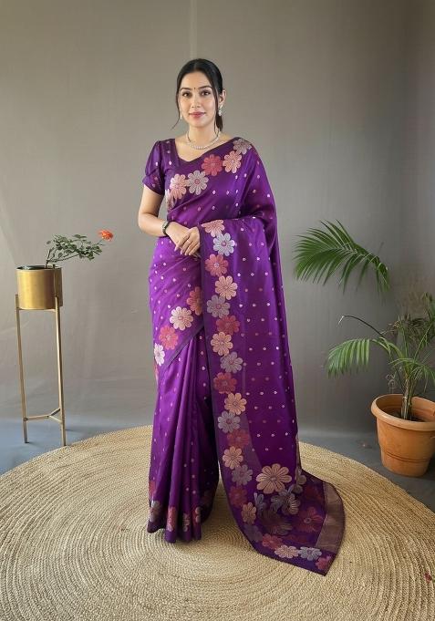 Wine Zari Work Silk Saree Set — view on Indya