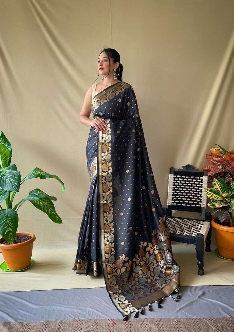 Black Zari Work Silk Blend Saree Set for Diwali and Festive Wear - Indya