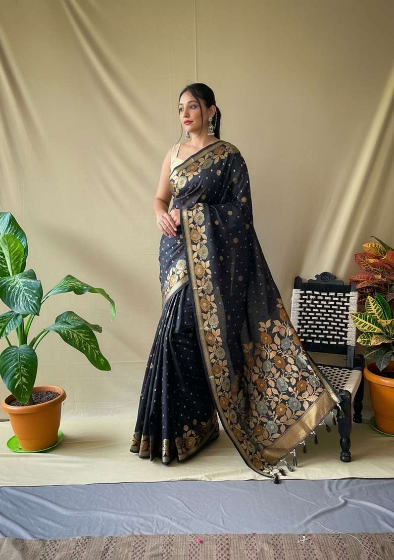 Black Zari Work Silk Blend Saree Set for Diwali and Festive Wear - Indya