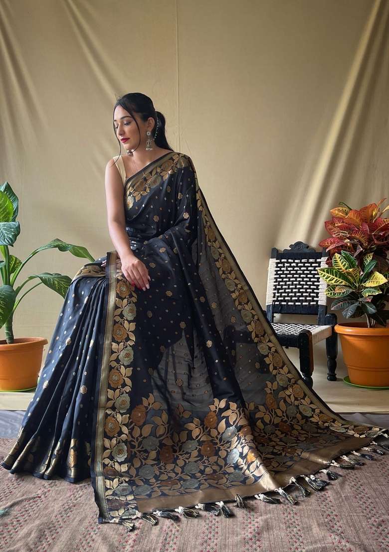 Black Zari Work Silk Blend Saree Set for Diwali and Festive Wear - Indya