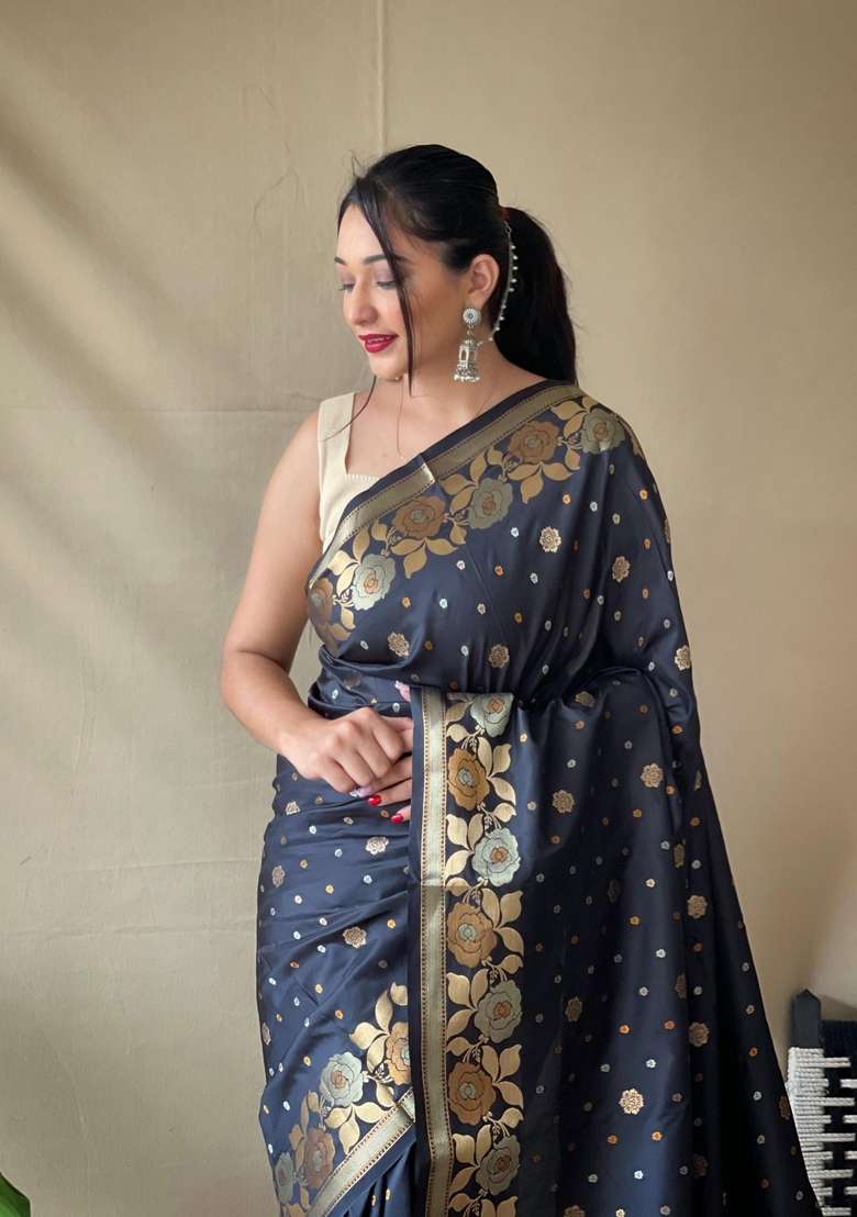 Black Zari Work Silk Blend Saree Set for Diwali and Festive Wear - Indya