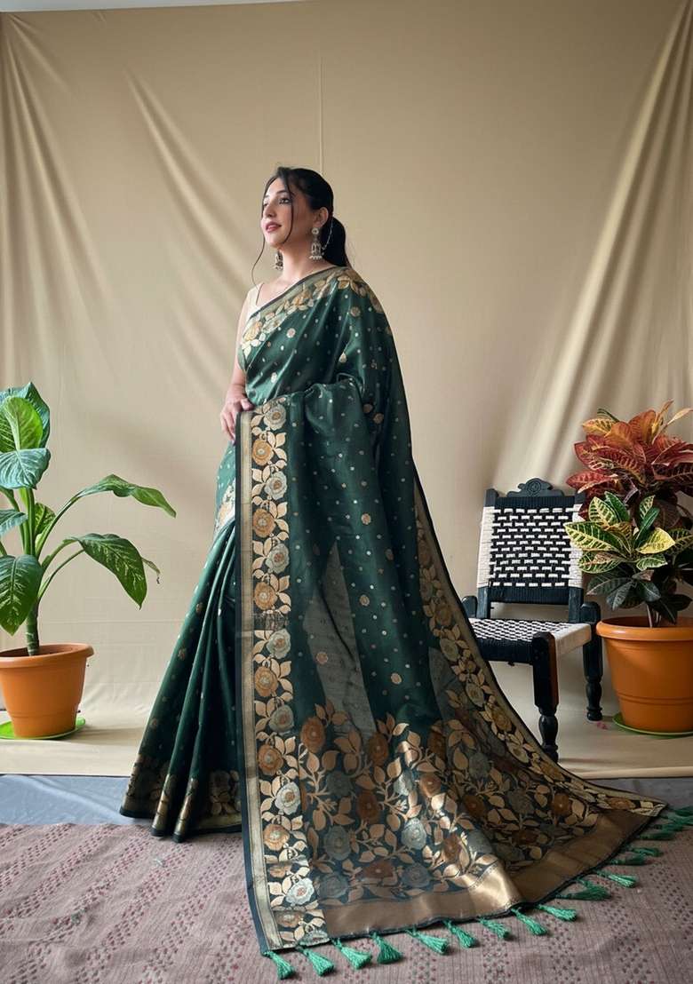 Green Silk Blend Saree Set with Zari Work for Diwali | Wedding & Festive Wear - Indya