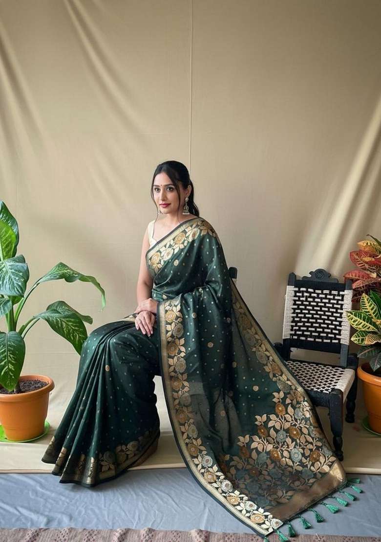Green Silk Blend Saree Set with Zari Work for Diwali | Wedding & Festive Wear - Indya
