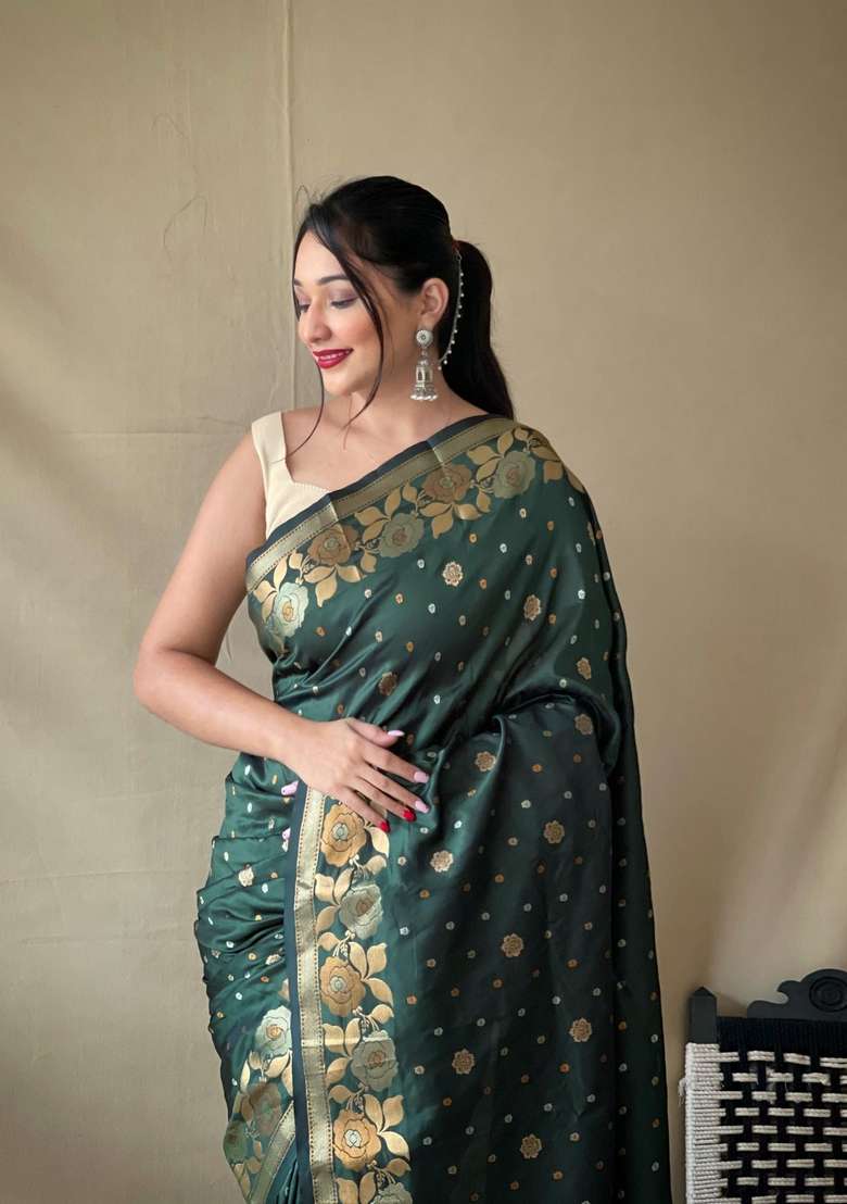 Green Silk Blend Saree Set with Zari Work for Diwali | Wedding & Festive Wear - Indya