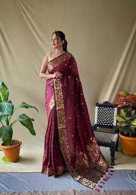 Maroon Zari Work Silk Blend Saree Set