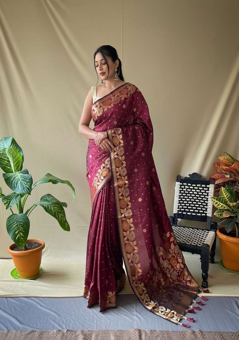 Maroon Zari Work Silk Blend Saree Set for Diwali and Festive Wear - Indya