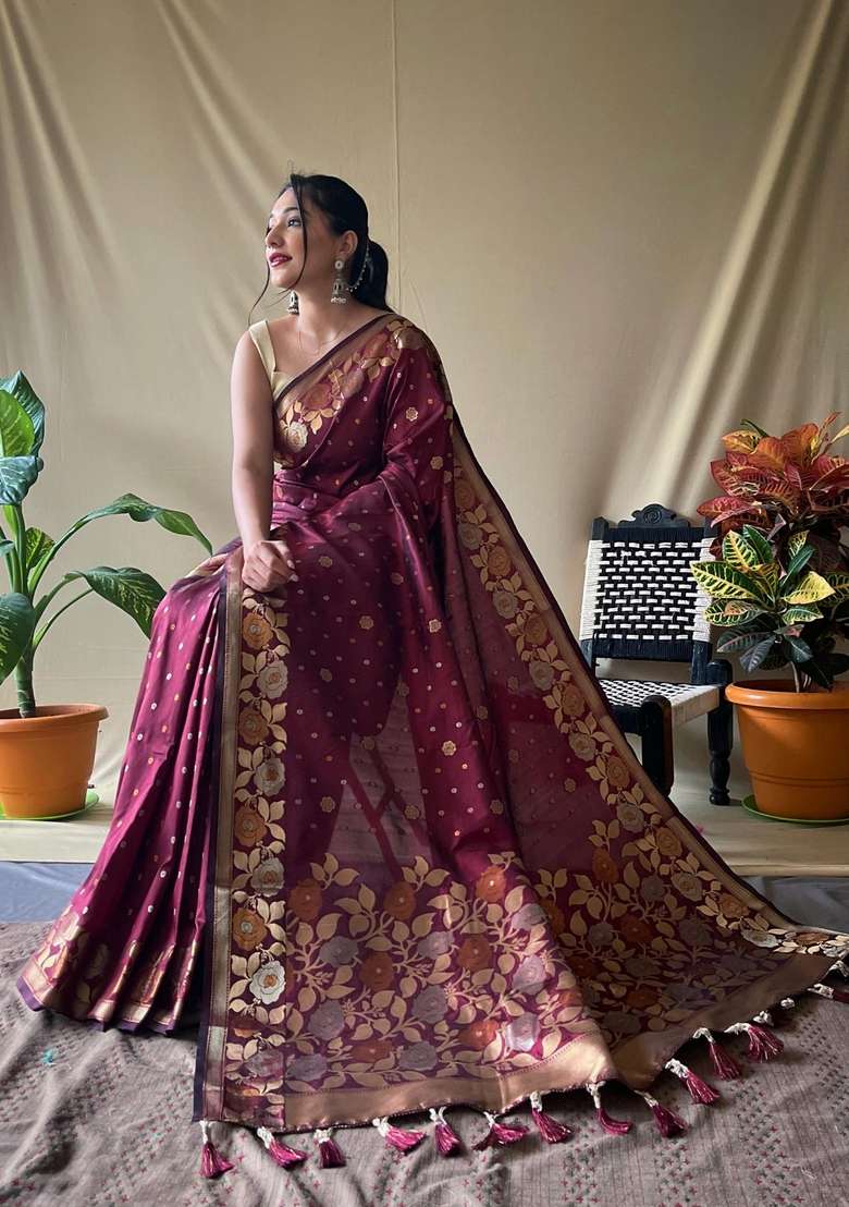 Maroon Zari Work Silk Blend Saree Set for Diwali and Festive Wear - Indya