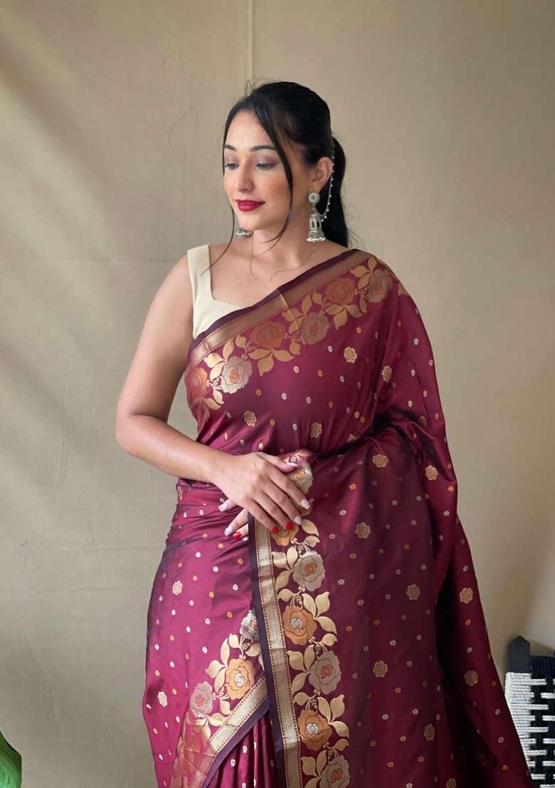Maroon Zari Work Silk Blend Saree Set for Diwali and Festive Wear - Indya