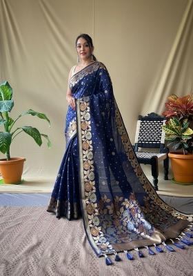 Navy Blue Zari Work Silk Blend Saree Set