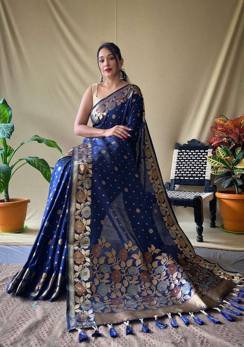 Navy Blue Zari Work Silk Blend Saree Set for Diwali and Festive Wear - Indya