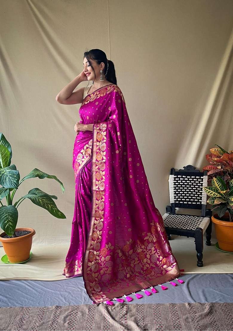 Pink Silk Blend Saree Set with Zari Work for Diwali | Wedding & Festive Wear - Indya