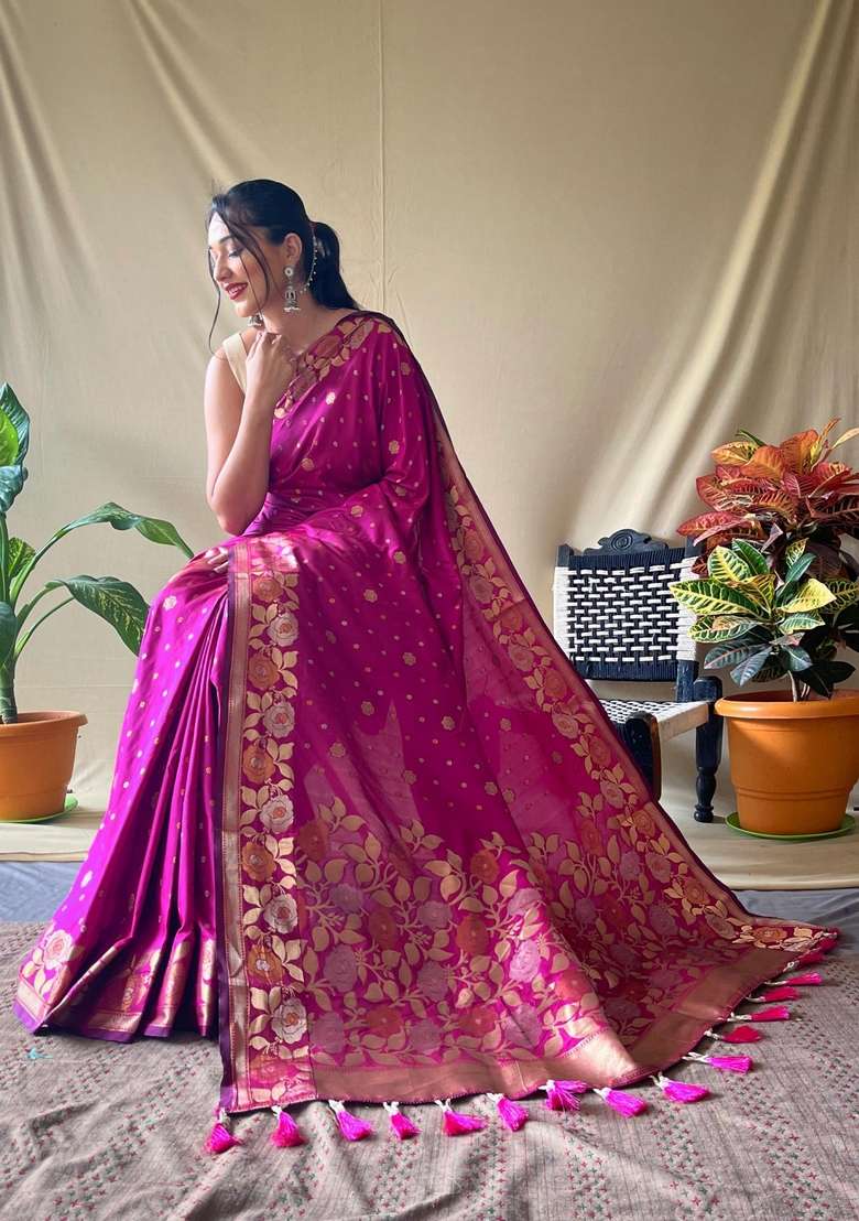 Pink Silk Blend Saree Set with Zari Work for Diwali | Wedding & Festive Wear - Indya