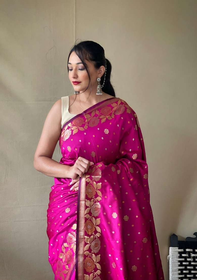 Pink Silk Blend Saree Set with Zari Work for Diwali | Wedding & Festive Wear - Indya