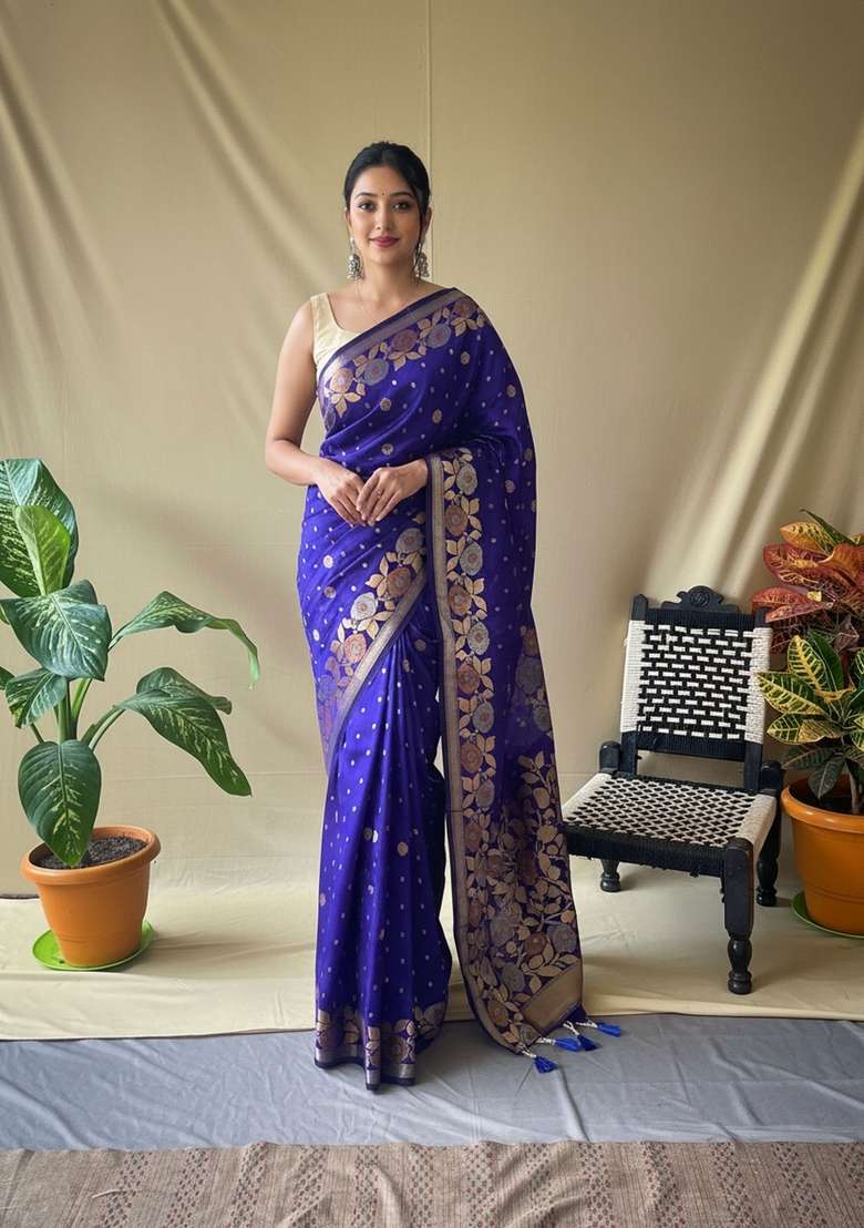 Purple Silk Blend Saree Set with Zari Work for Diwali | Wedding & Festive Wear - Indya