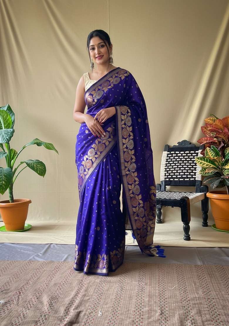 Purple Silk Blend Saree Set with Zari Work for Diwali | Wedding & Festive Wear - Indya
