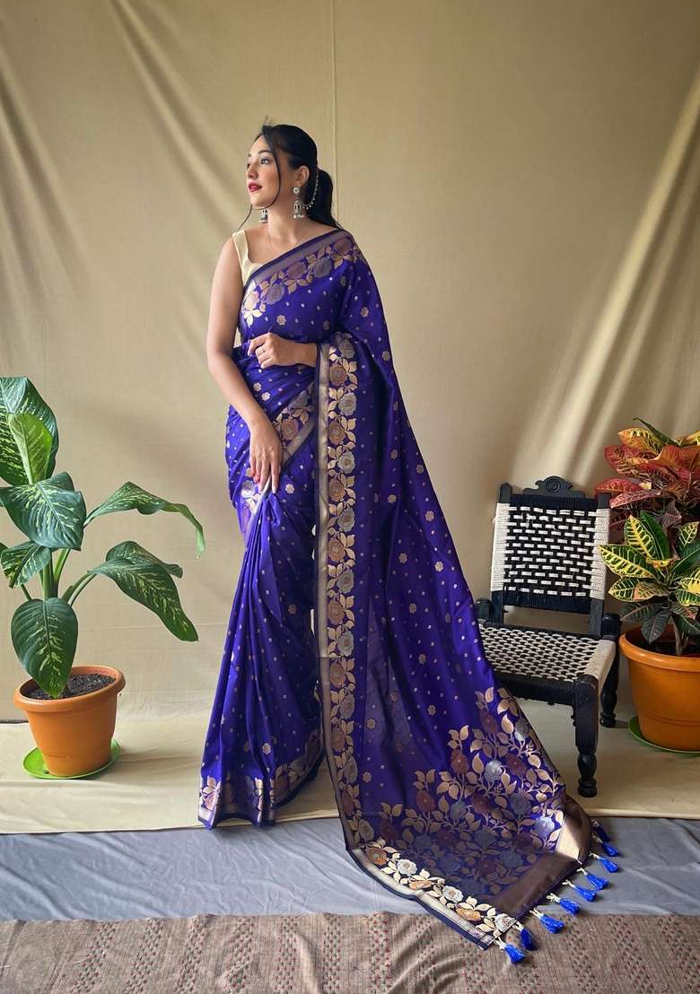 Purple Silk Blend Saree Set with Zari Work for Diwali | Wedding & Festive Wear - Indya