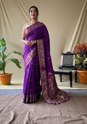 Wine Zari Work Silk Blend Saree Set