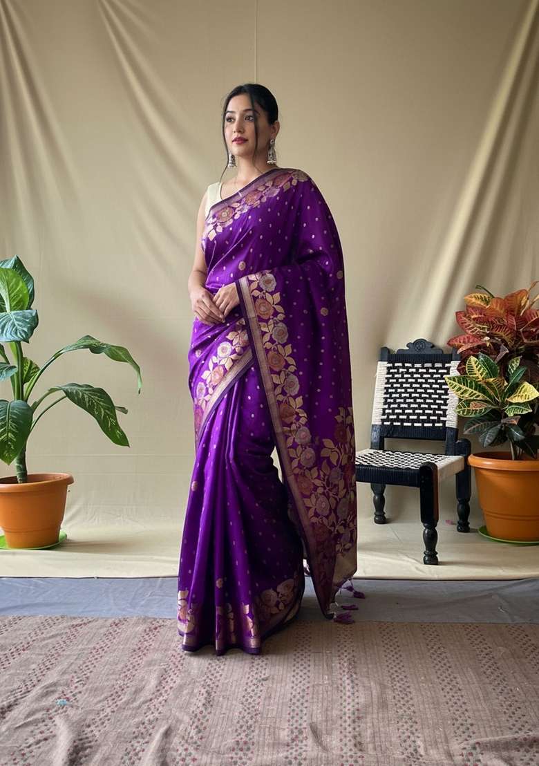 Wine Zari Work Silk Blend Saree Set for Diwali and Festive Wear - Indya