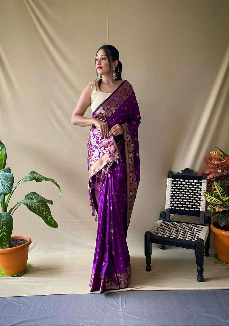 Wine Zari Work Silk Blend Saree Set for Diwali and Festive Wear - Indya