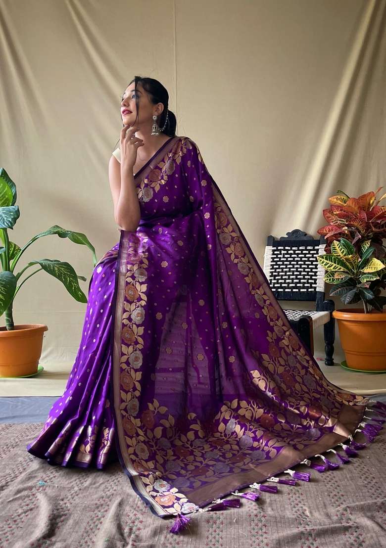 Wine Zari Work Silk Blend Saree Set for Diwali and Festive Wear - Indya