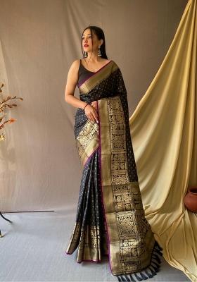 Black Zari Work Silk Blend Saree Set