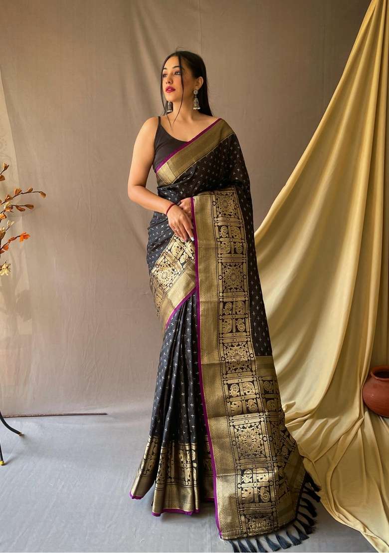 Black Zari Work Silk Blend Saree Set for Diwali and Festive Wear - Indya