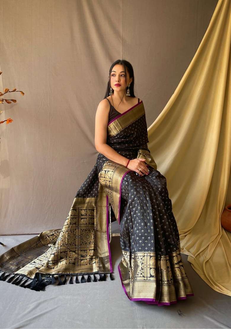 Black Zari Work Silk Blend Saree Set for Diwali and Festive Wear - Indya