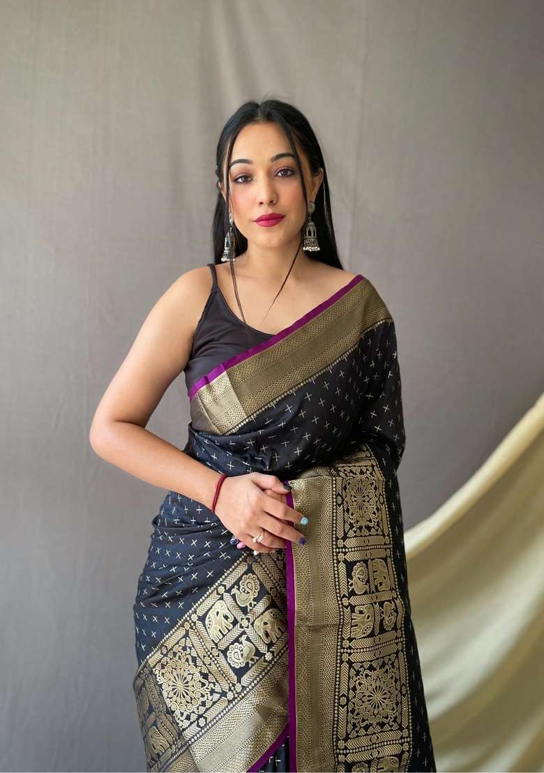 Black Zari Work Silk Blend Saree Set for Diwali and Festive Wear - Indya