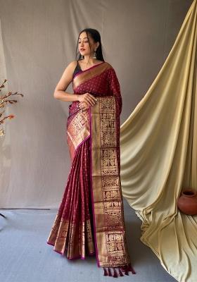 Maroon Zari Work Silk Blend Saree Set