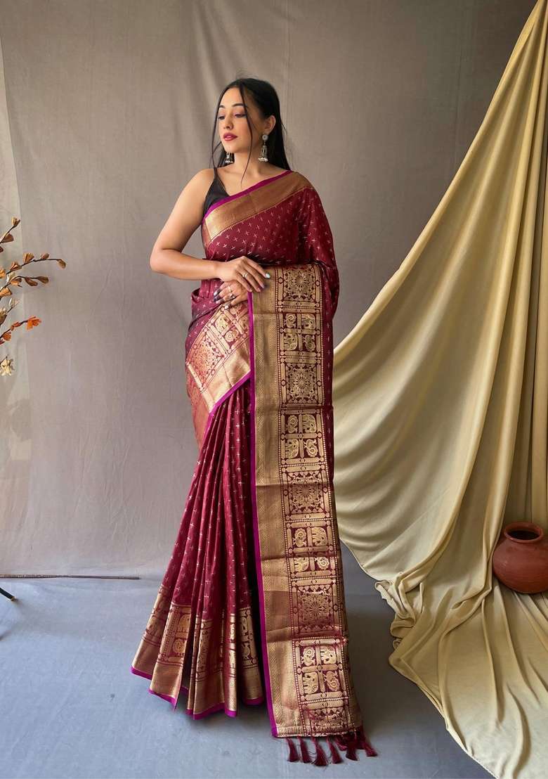Maroon Zari Work Silk Blend Saree Set for Diwali and Festive Wear - Indya