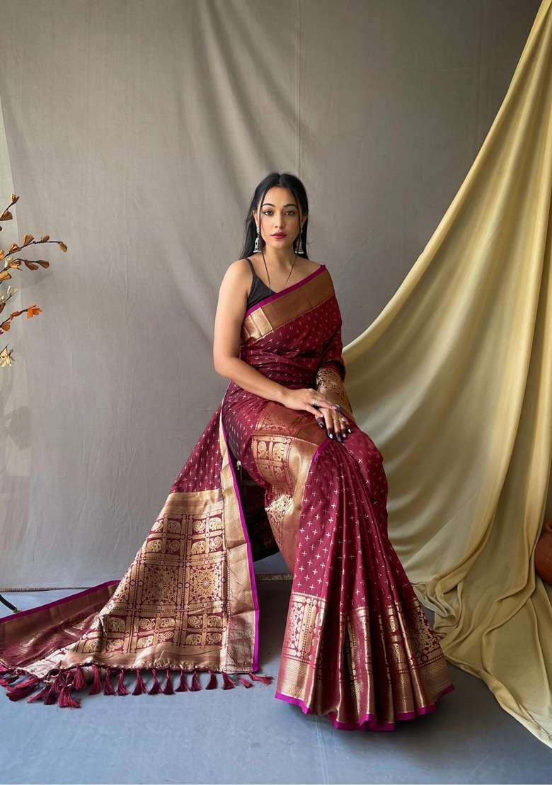 Maroon Zari Work Silk Blend Saree Set for Diwali and Festive Wear - Indya