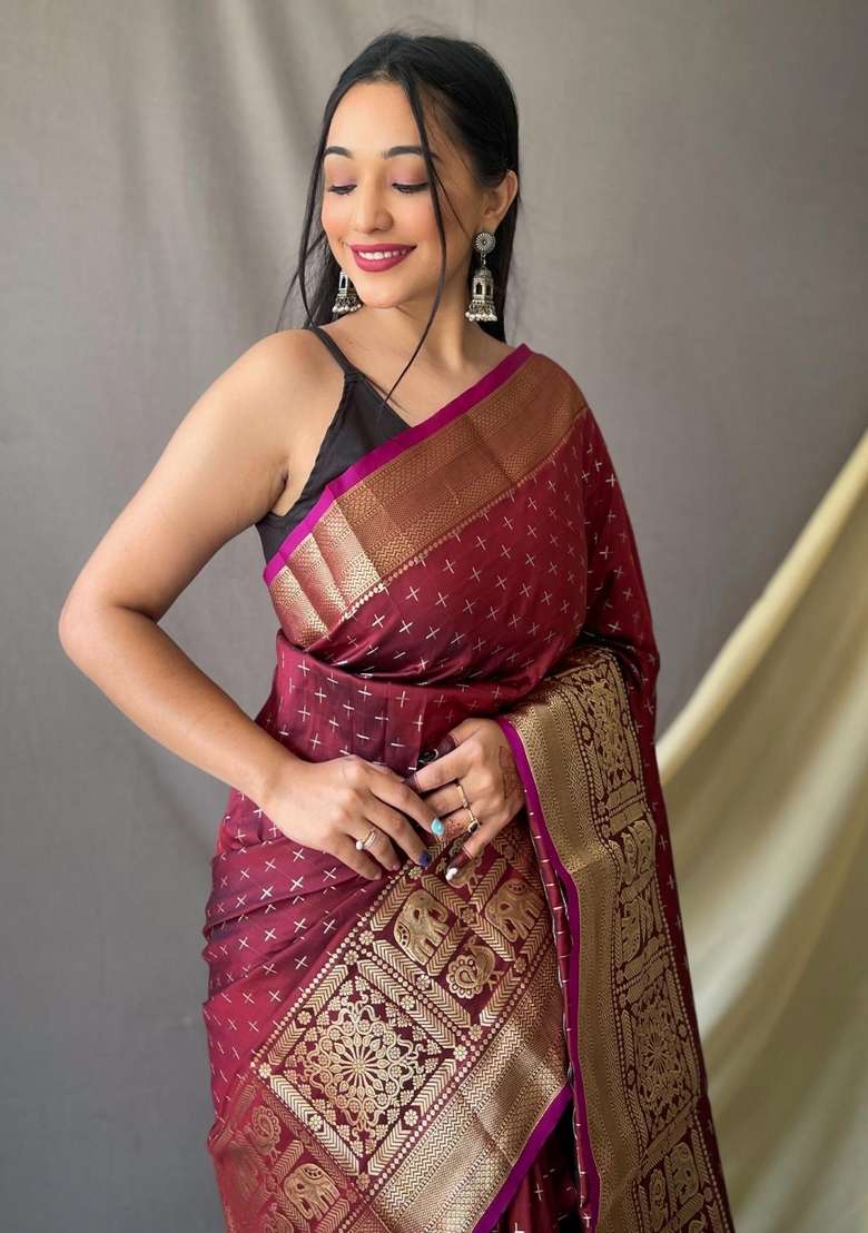 Maroon Zari Work Silk Blend Saree Set for Diwali and Festive Wear - Indya