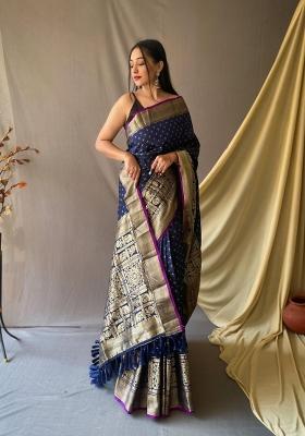 Navy Blue Zari Work Silk Blend Saree Set