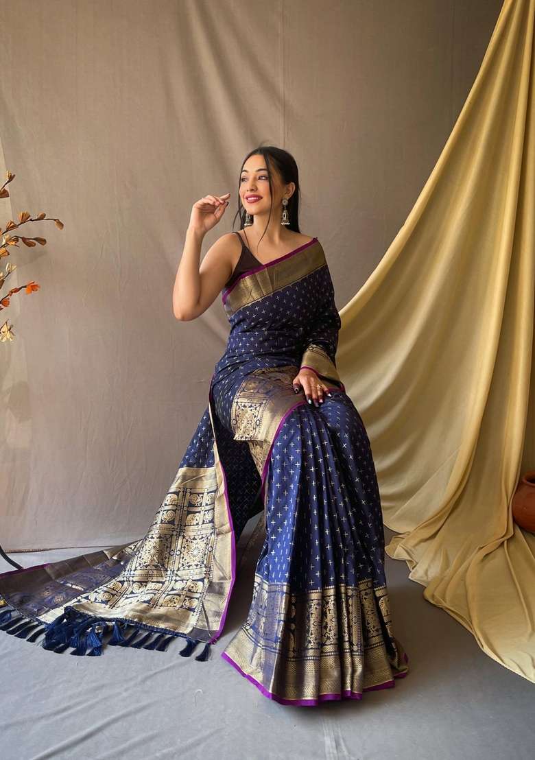 Navy Blue Silk Blend Saree Set with Zari Work for Diwali | Wedding & Festive Wear - Indya