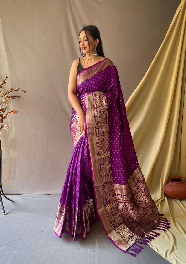 Wine Zari Work Silk Blend Saree Set for Diwali and Festive Wear - Indya