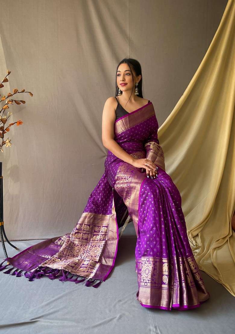 Wine Zari Work Silk Blend Saree Set for Diwali and Festive Wear - Indya