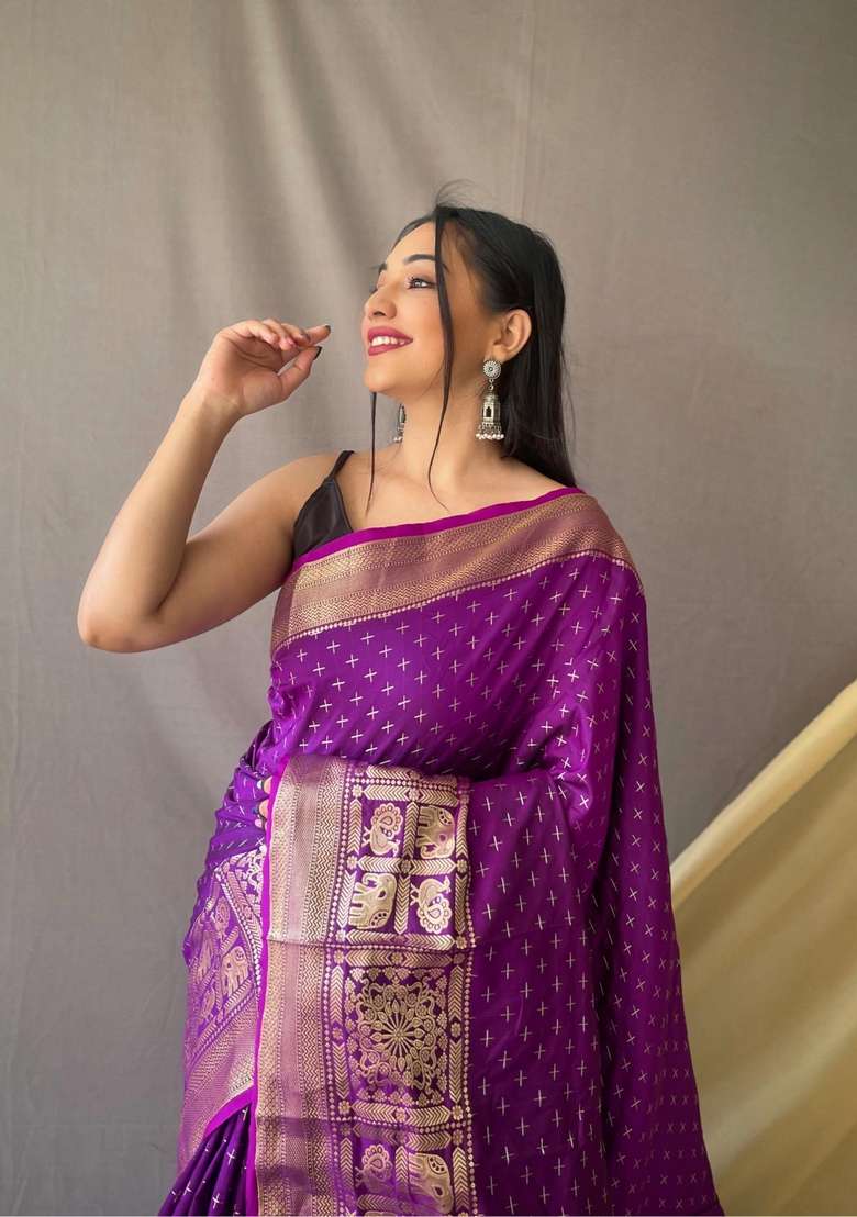 Wine Zari Work Silk Blend Saree Set for Diwali and Festive Wear - Indya