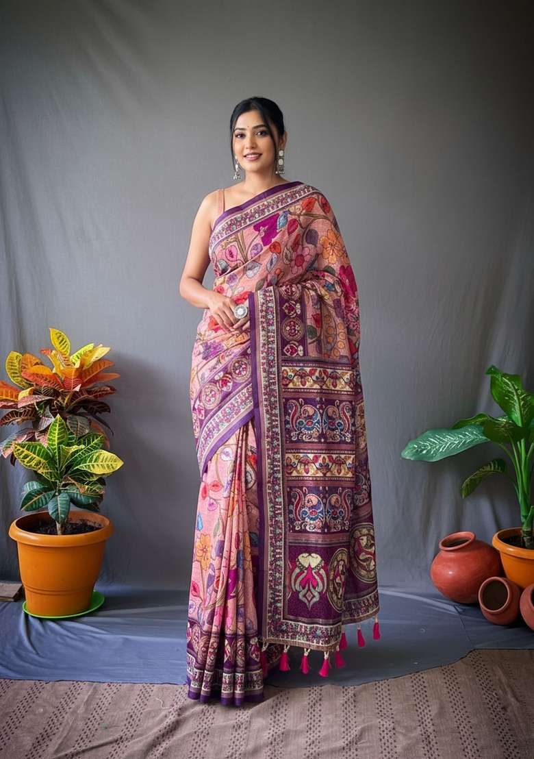 Baby Pink Zari Work Silk Blend Saree Set for Diwali and Festive Wear - Indya