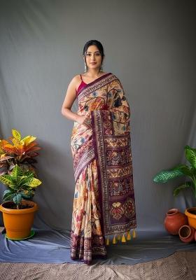Cream Zari Work Silk Blend Saree Set