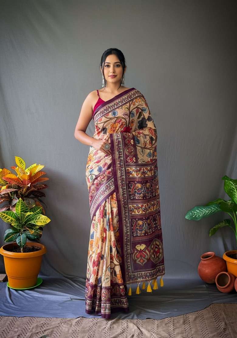 Cream Silk Blend Saree Set with Zari Work for Diwali | Wedding & Festive Wear - Indya